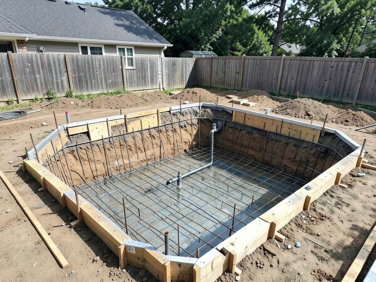 In-ground pool under construction with steel reinforcement, formwork and plumbing in place