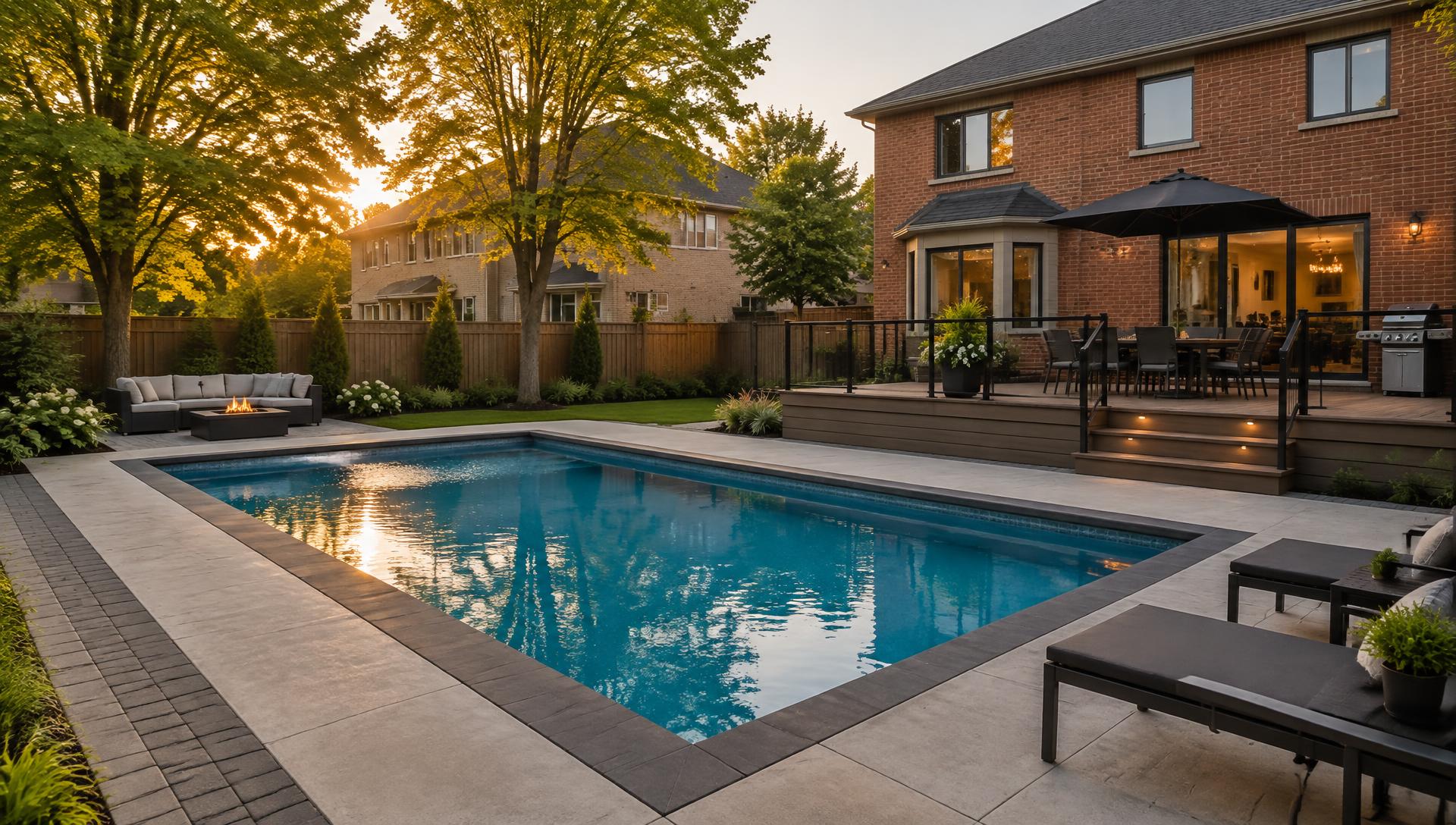 Backyard in London, Ontario with an in-ground pool, concrete deck and composite deck at golden hour
