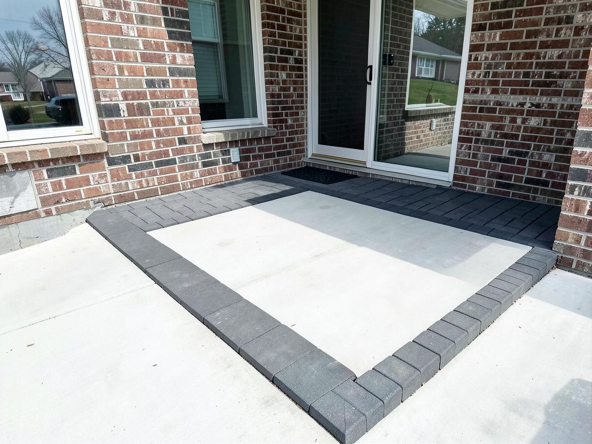 New concrete patio with a charcoal interlocking paver border beside a brick house