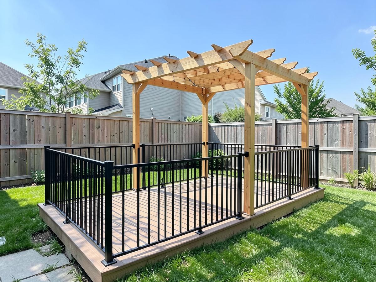 Composite backyard deck with black aluminum railing and a cedar pergola