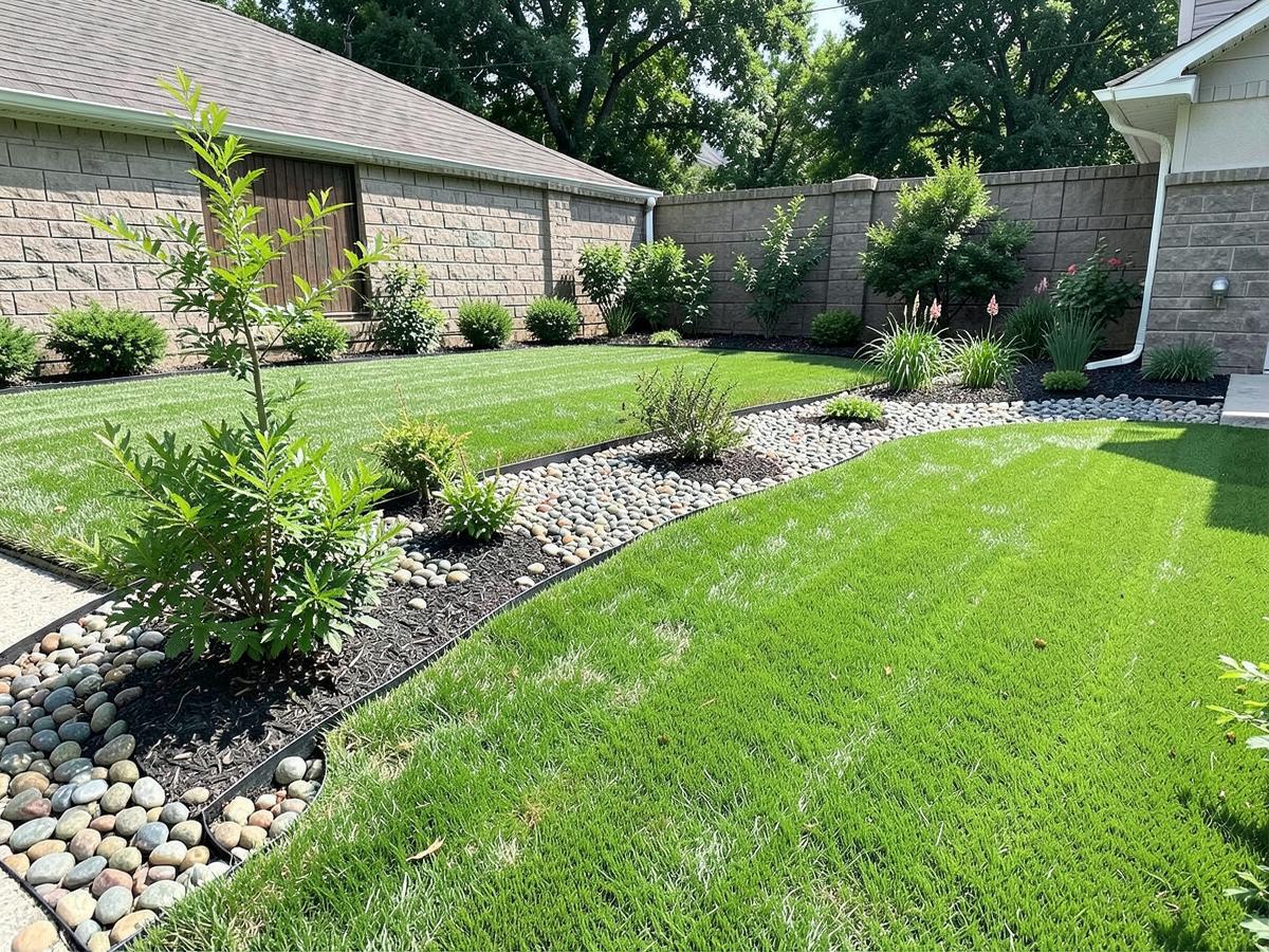 Freshly graded and sodded yard with clean garden bed edging and river rock drainage